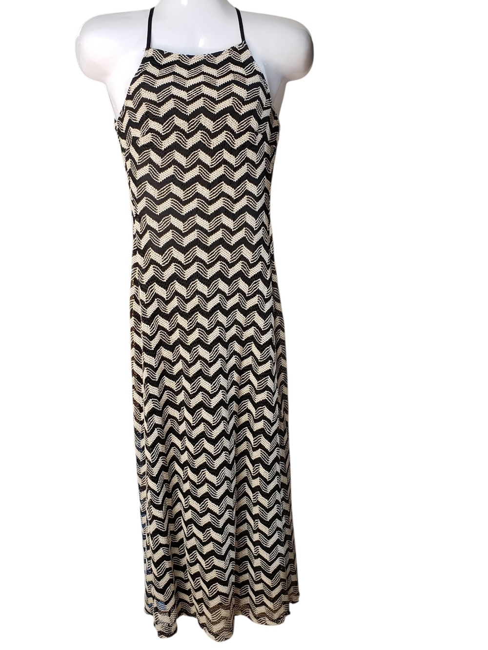 NWT Bobbles & Lace Women's Chevron Halter Maxi Dress in Black and Beige Size M